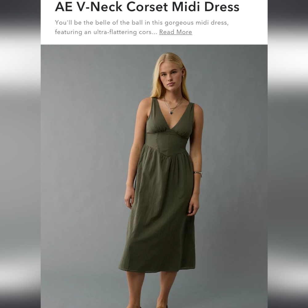 American Eagle Outfitters Olive V-Neck Corset Midi Dress